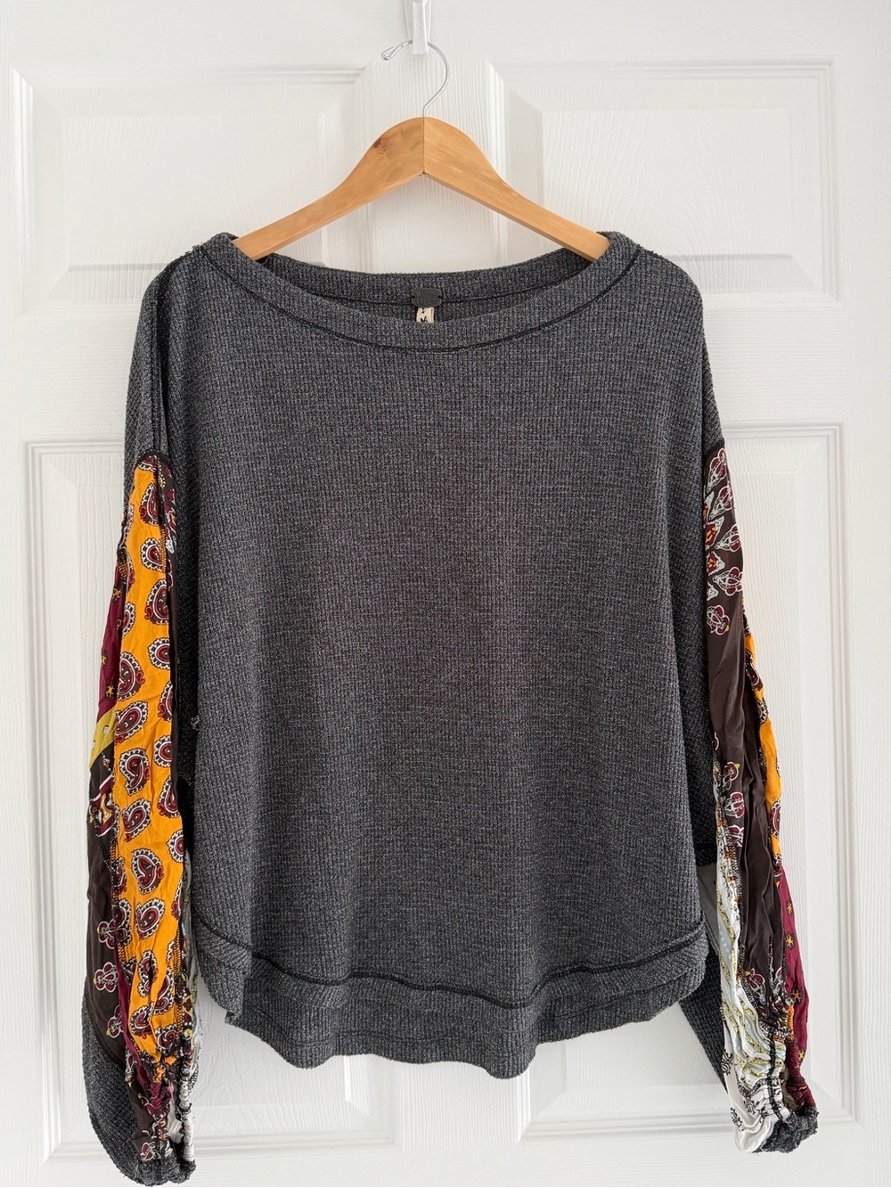 Free People Boho Waffle Knit Pullover Top with Printed Sleeve Panels - Gray